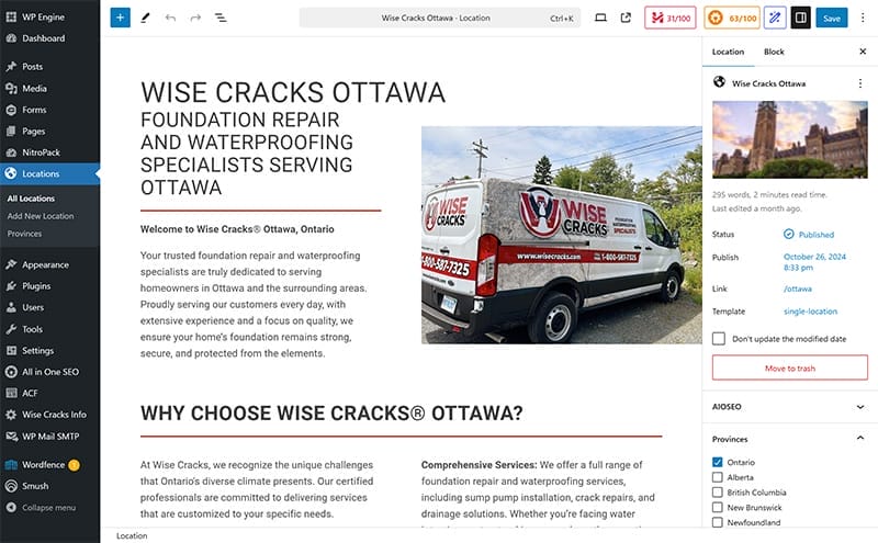 screenshot of Wise Cracks location page editor