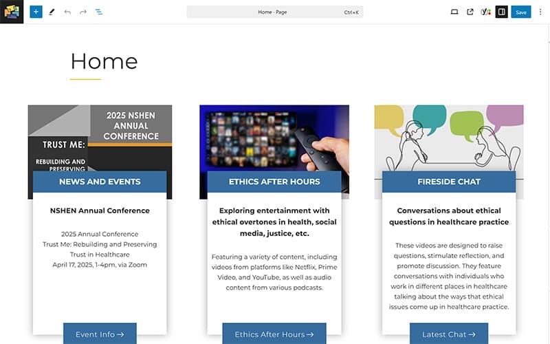 screenshot of NSHEN homepage editor after