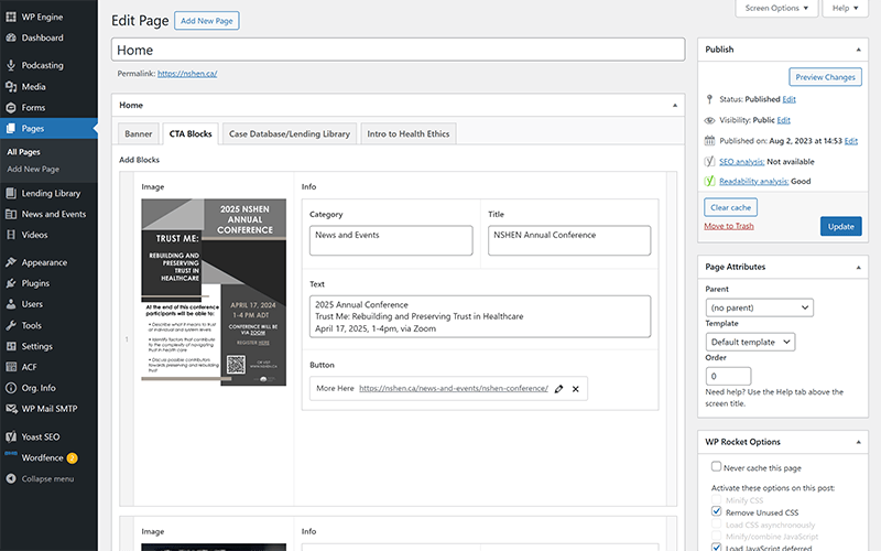 screenshot of NSHEN homepage editor before