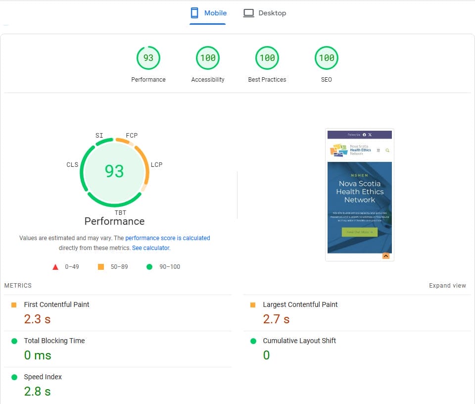NSHEN page speed report after managed hosting and theme rebuild