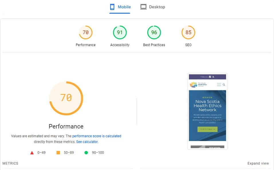 NSHEN page speed report before