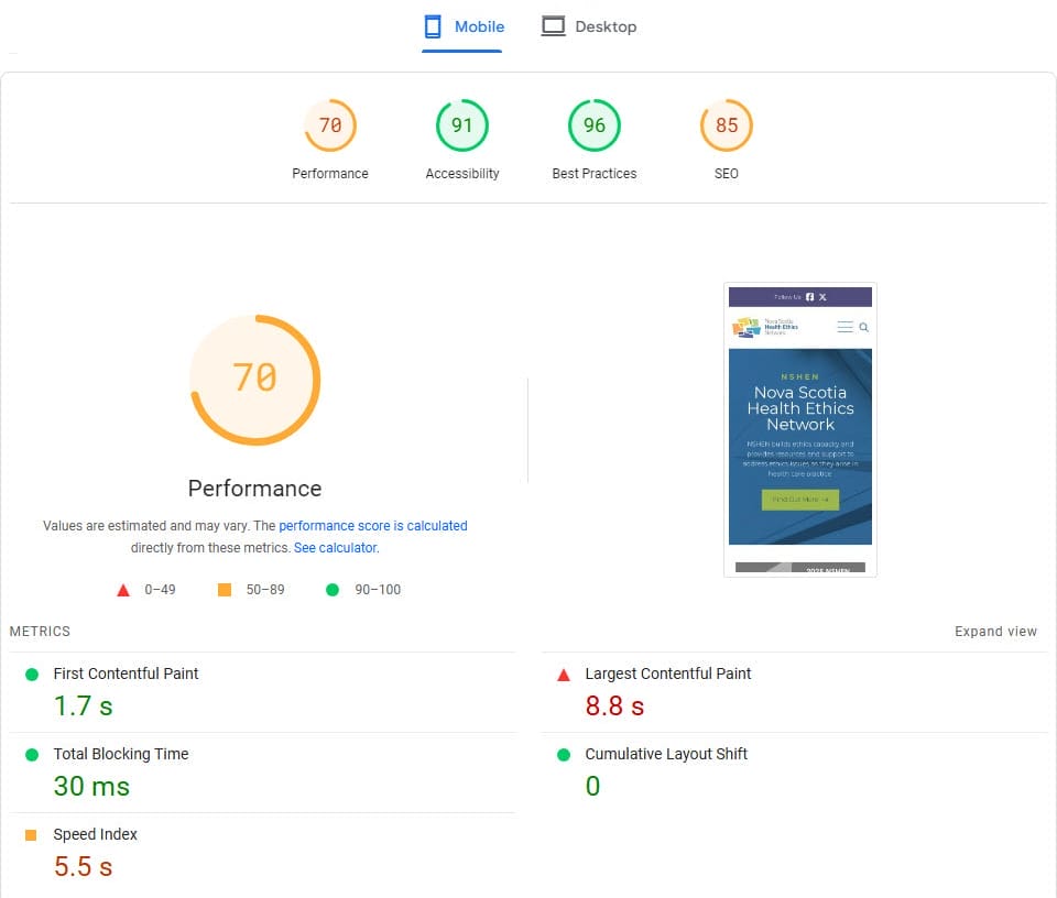 NSHEN page speed report before 