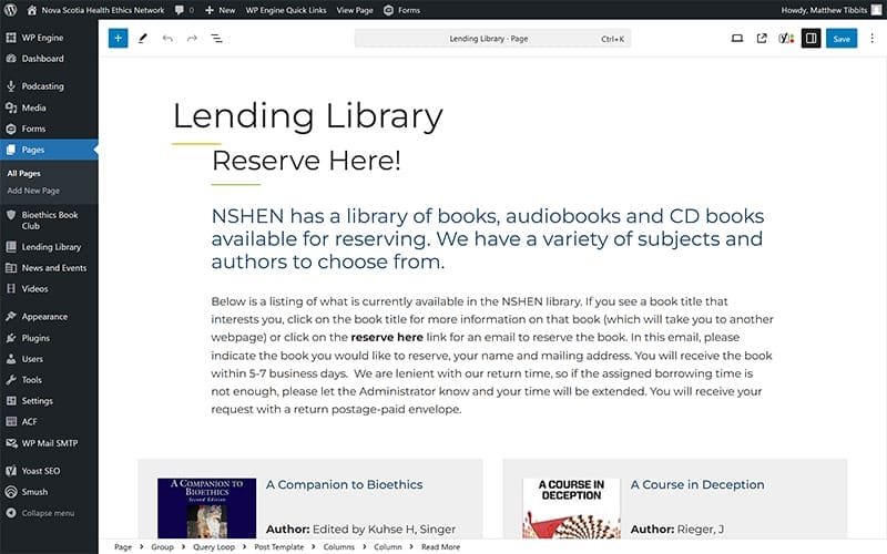 screenshot of NSHEN Lending Library page editor