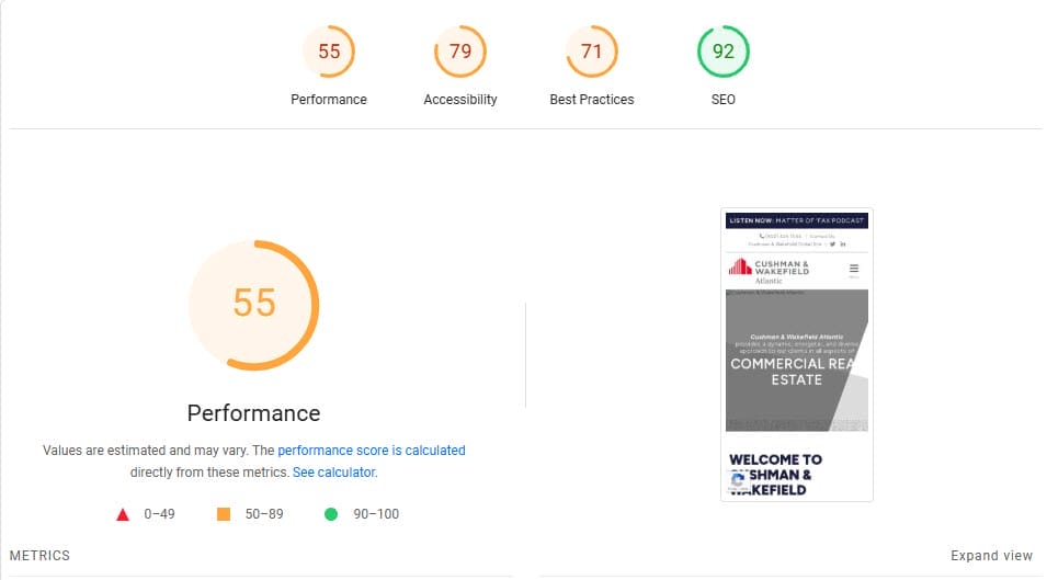CW Atlantic page speed scores before cleanup