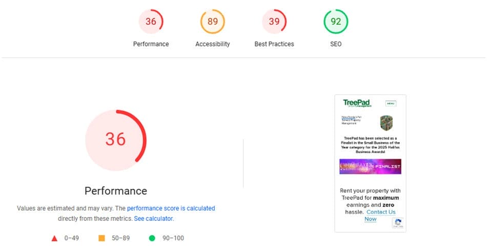 TreePad Page Speed report before rebuilding the theme